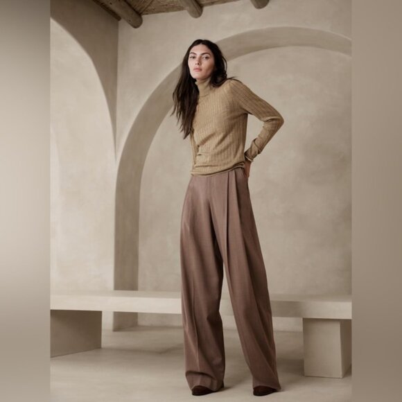 RETAIL BR Petite Wide Leg Italian Wool Pant in Camel - Picture 2 of 12